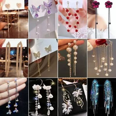 Fashion Long Tassel Zircon Crystal Earrings Stud Pearl Drop Dangle Women Jewelry • $1.82