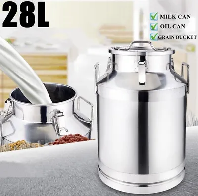 Stainless Steel Milk/Oil Churn Can Bucket Rice Grain Container W/ Handle&lid 28L • £58.66
