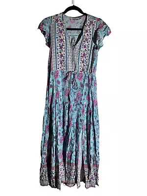 Sambara Floral Short Sleeve Maxi Dress Size 8 Ruffles Slit Boho Cotton • $20