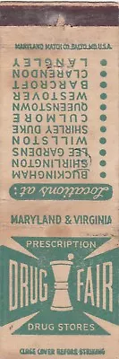 Drug Fair Drug Stores Maryland & Virginia Matchbook Cover 1950's • $1.19