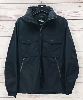 Zara Man Black Full Zip Field Jacket Lined Zip Pockets Hidden Hoodie Lightweight • $34.99