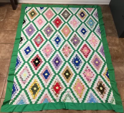 Vintage Hand-Stitched Quilt Top Diamond Pattern Hexagon Pieces Free Shipping • $75