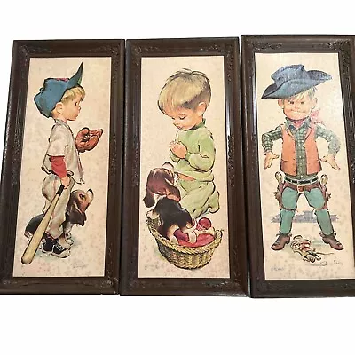 Vintage Sedona Prints Cowboy Baseball Boy Boy Praying With Puppy 16.5 X 8 In. • $32