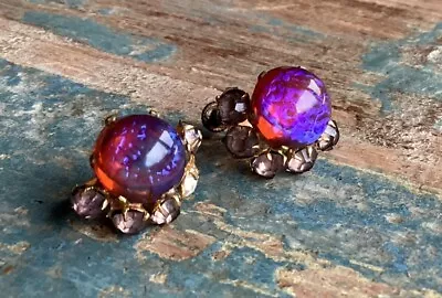 Antique Dragons Breath “Fire Opal” Rhinestone CZECHO Signed Screw Back Earrings • $65