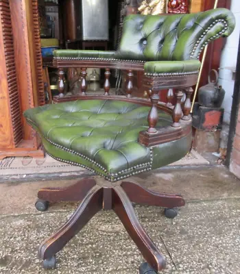 £199 • Buy Vintage Green Leather Chesterfield Captains Chair - Office Desk Chair READ DESC