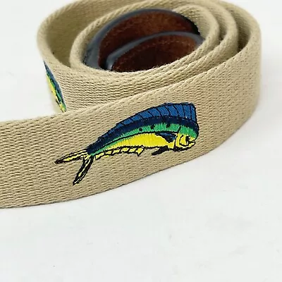 WORLD WIDE SPORTS Men’s Embroidered Mahi Fish Belt Beige Blue Leather Size 38 • $18