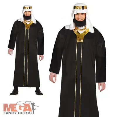 Mens Sheik Costume Large Adults Fancy Dress Black Gold Rich Wealthy Arab Prince • £21.99