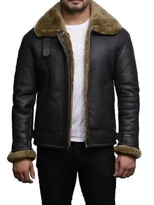 Men's RAF Aviator Pilot B3 Flying Bomber Shearling Fur Black Real Leather Jacket • $179.99