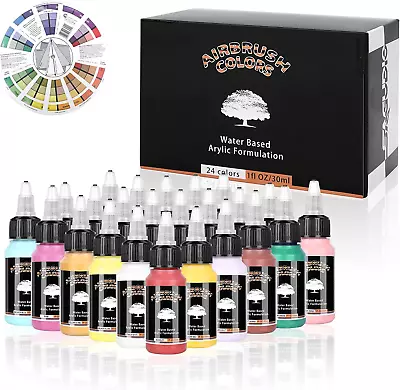 SAGUDIO Airbrush Acrylic Paint 24 X 30ml Basic Colors With Color Wheel Ready To • £34.38