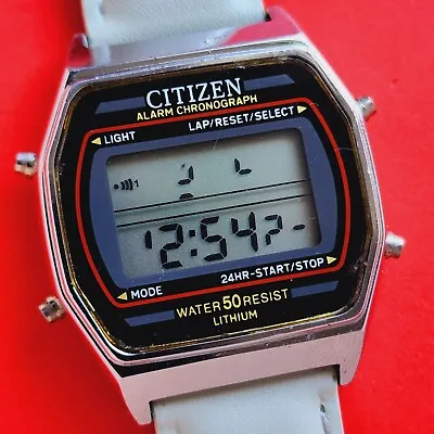 Citizen Alarm Chronograph Watch Vintage LCD Quartz Leather Band P250-A50571 • $49