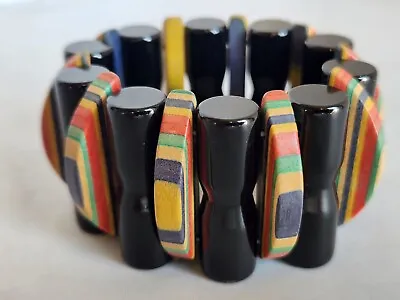 Vintage 1950s Plastic & Wood Segmented Elastic Bracelet - Needs Restrung • $22