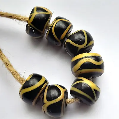 African Venetian Trade Beads Rattlesnake Talisman Black Yellow Glass Rare X7 • £20