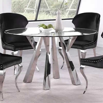 Maklaine Contemporary Round Glass Top Dining Table In Clear And Chrome • $674.92