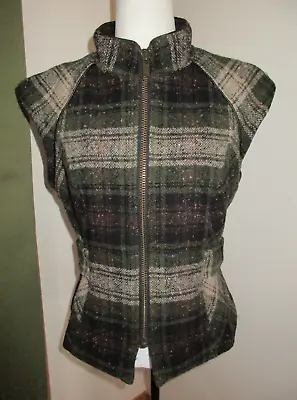 CAbi Zip Front Plaid Vest Belted Dark Olive Wool Blend Medium • $16.99