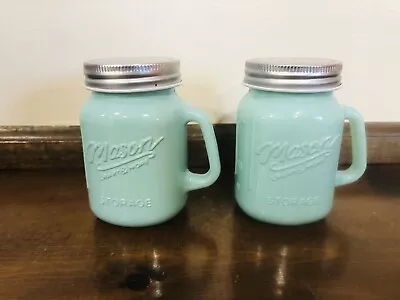 Mason Jar Aqua Blue Salt & Pepper Shakers Sugar Cinnamon Or Coffee Toppings Too • $14.99