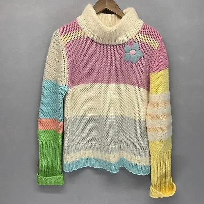 MOTH Womens Flower Colorblock Colorful Mock Neck Wool Blend Pullover Sweater XL • $9