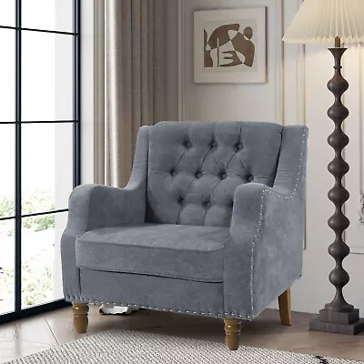 Grey Accent ChairFootrest Chair Set With Vintage Brass StudsComfy ReadingChair • $184.99