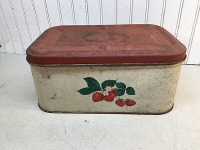 $40.50 • Buy 1940s Vintage  Metal Tin Bread Box  Red & White Strawberries  Country  Cottage