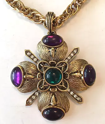 CRAFT Signed Vintage Maltese Cross Brooch Pin Pendant Purple And Green Cabochons • $125