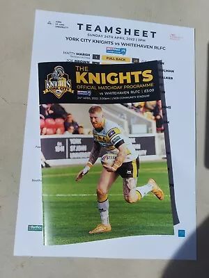 York City Knights  V Whitehaven 24/4/2022 Programme & Teamsheet • £3