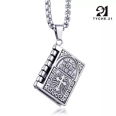 Mens Silver Bible Pendant Lord's Prayer Necklace Stainless Steel Box Chain 24  • $11.99