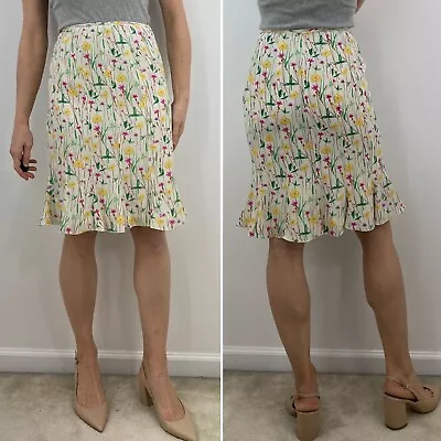 Vintage 90s Worldly Thing Silk Yellow Green Floral Ruffle Peplum Trumpet Skirt 4 • $18.99