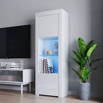 170cm White Tall Display Cabinet Sideboard Cupboard Unit High Gloss Doors LED • £79.90