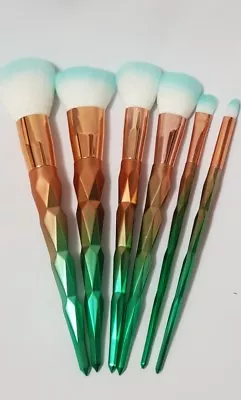  New 6Pc Green & Rose Gold Diamond Cut Metallic Finish Unicorn Makeup Brush Set • $31