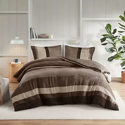 Luxury 3 Piece Stripe Faux Suede Fluffy Full Queen King Size Comforter Set New • $65.79