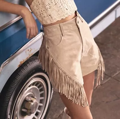 BLANKNYC 100% Real Suede Leather Fringe High Rise Shorts Western Cowboy Beige 25 • $99