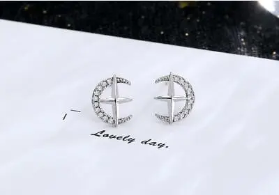 Silver Tiny Sun Ray Moon Star Pave Cubic Zirconia White Gold Stud Earring • $8.99