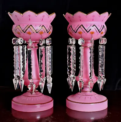 £19.95 • Buy Pair Of Antique Frosted Pink Glass Mantel Lustres, Crystal Prisms, Raised Enamel
