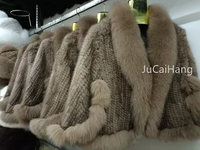 Women Coat HandMade Knitted Real Mink Fur Shawl With Fox Fur Collar-Light Camel • $165