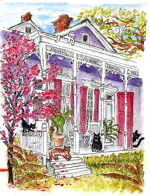 Cats At A Purple House New Orleans House Ginger Cat White Cat Pink Blossoms • $35