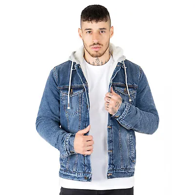 Men's Trucker Denim Washed Denim Sherpa Fleece Hoodie Western-Style Jacket Coat • £24.99