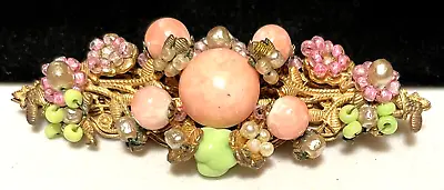 Miriam Haskell Signed Brooch Rare Vintage Gilt Pink Green Gripiox Glass Pin A9 • $297.50