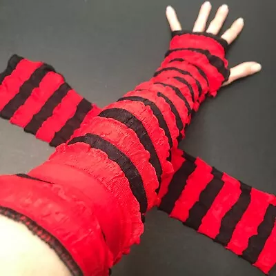 Zombie Costume Gloves Red Mummy Bandage Black Ruffle Arm Warmers Cyber Goth Mens • $17