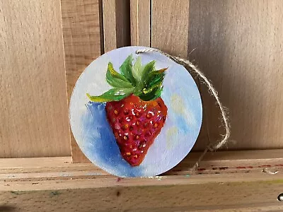 Strawberry Oil Painting- Original Mini Art Sale 10cm Diameter Food Fruit Popart • £24.69