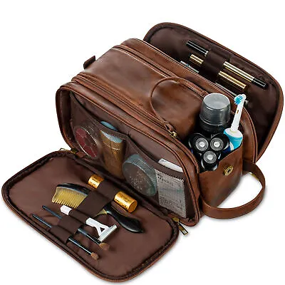 PU Leather Toiletry Bag For Men Large Travel Wash Bag Shaving / Water-Resistant • £16.89