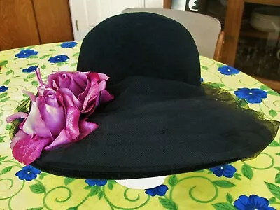 Vintage Plaza Suite Betmar Black Wool Hat Roses Usa Wide Brim • $45