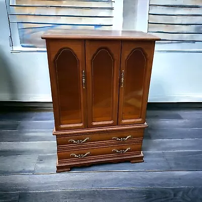 Vtg Armoire Style Wooden Jewelry Box 2 Drawers 2 Necklace Wheels 11.5”x16.5”x6.5 • $39.60