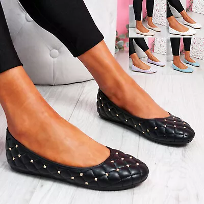 Womens Ladies Quilted Studded Slip On Ballerinas Flat Ballet Pumps Women Shoes • £16.98