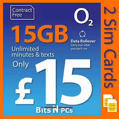 2 X O2 Pay As You Go Sim Card -£15 Data Big Bundle -15gb Data • £0.99