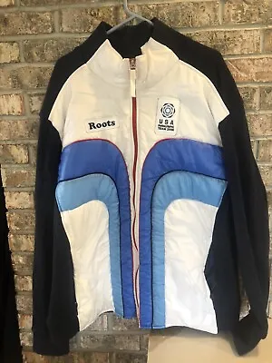 $90 • Buy ROOTS Mens 2006 USA Olympic Torino Puffer Vest Zip Up Jacket Blue White Size 4XL