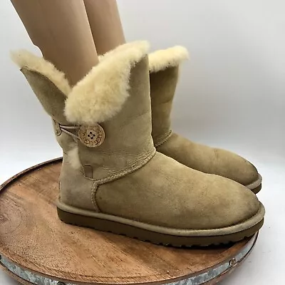 Women's UGG Bailey Button Mid Suede Sheepskin Winter Boots Sand Tan Size 8 #5803 • $34.99