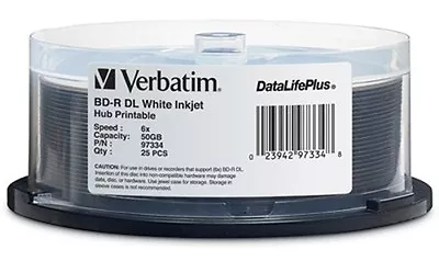 25-Pak Verbatim 50GB 6X BLU-RAY Dual Layer WHITE INKJET HUB BDRs Verbatim 97334 • $83.99