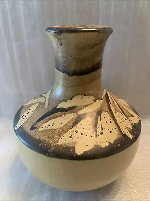 Pacific Stoneware 1971 Vase Pottery Art 6.5” Tan Brown Vtg Usa Bamboo Print • $16