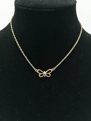 Vintage Gold Tone Butterfly Necklace With Blue Rhinestone • $7.99