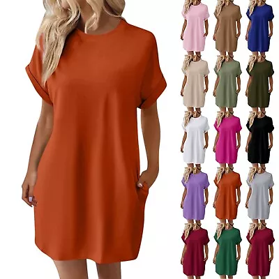 Womens T-Shirt Dress Short Sleeve Casual Summer Tunic Dresses Loose Baggy Dress • £14.26