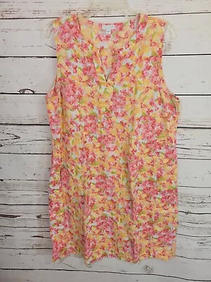 J. Jill Orange Floral Print 100% Linen Split Neck Summer Dress Womens Size Large • $23.40